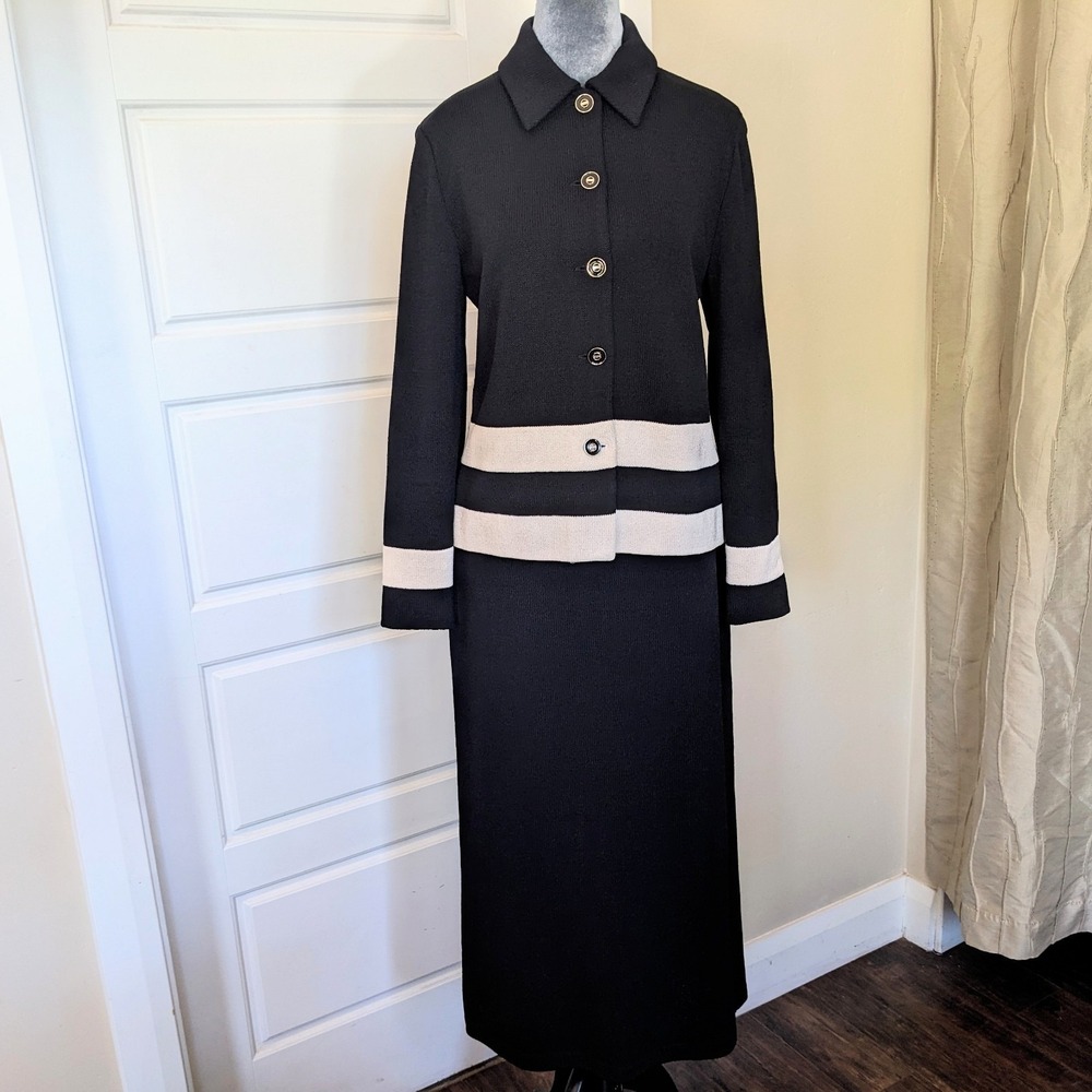 Vintage St John Collection Santana Knit 2 Piece Skirt Suit Set 6 Black Cream